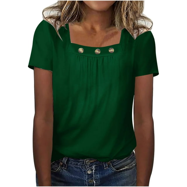 Timegard Hauts Grande Taille pour Femmes Manches Courtes Col Carré Boutonné Chemises Décontractées Amples