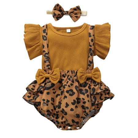 

ZHUASHUM Toddler Girls Summer Ruched Solid Tops Leopard Print Overall Set Clothes Outfits