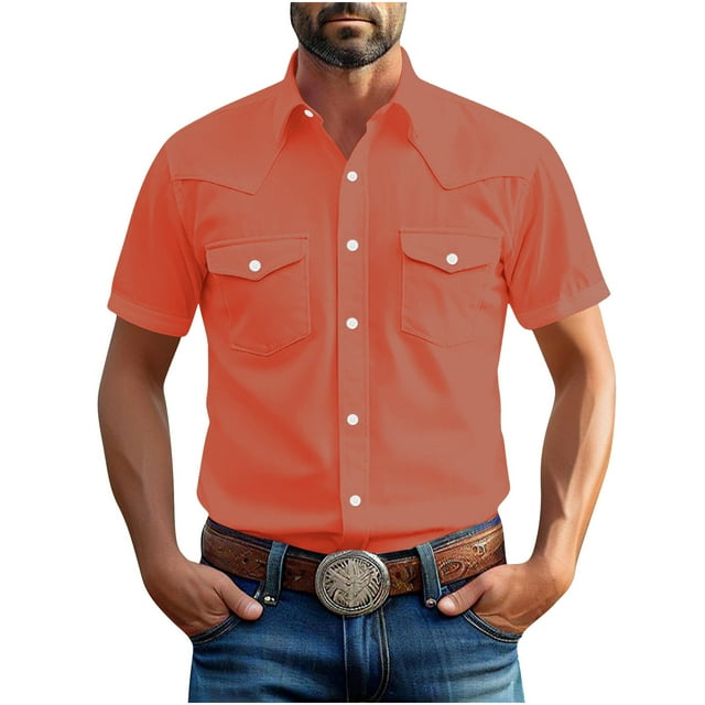 Fengqque Men's Short Sleeve Button Down Casual Woven Shirt Two Chest Pockets Watermelon Red XL(XL)