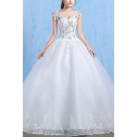 Women V Neck Lace Long Tail Wedding Dress Walmart Com