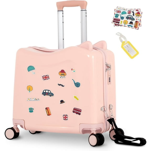 Advwin 20" Ride on Hardshell Suitcase with Spinner Wheels for Kids, Lightweight Trolley Luggage with Carry Strap, Carry on Travel Luggage with Lock, Pink