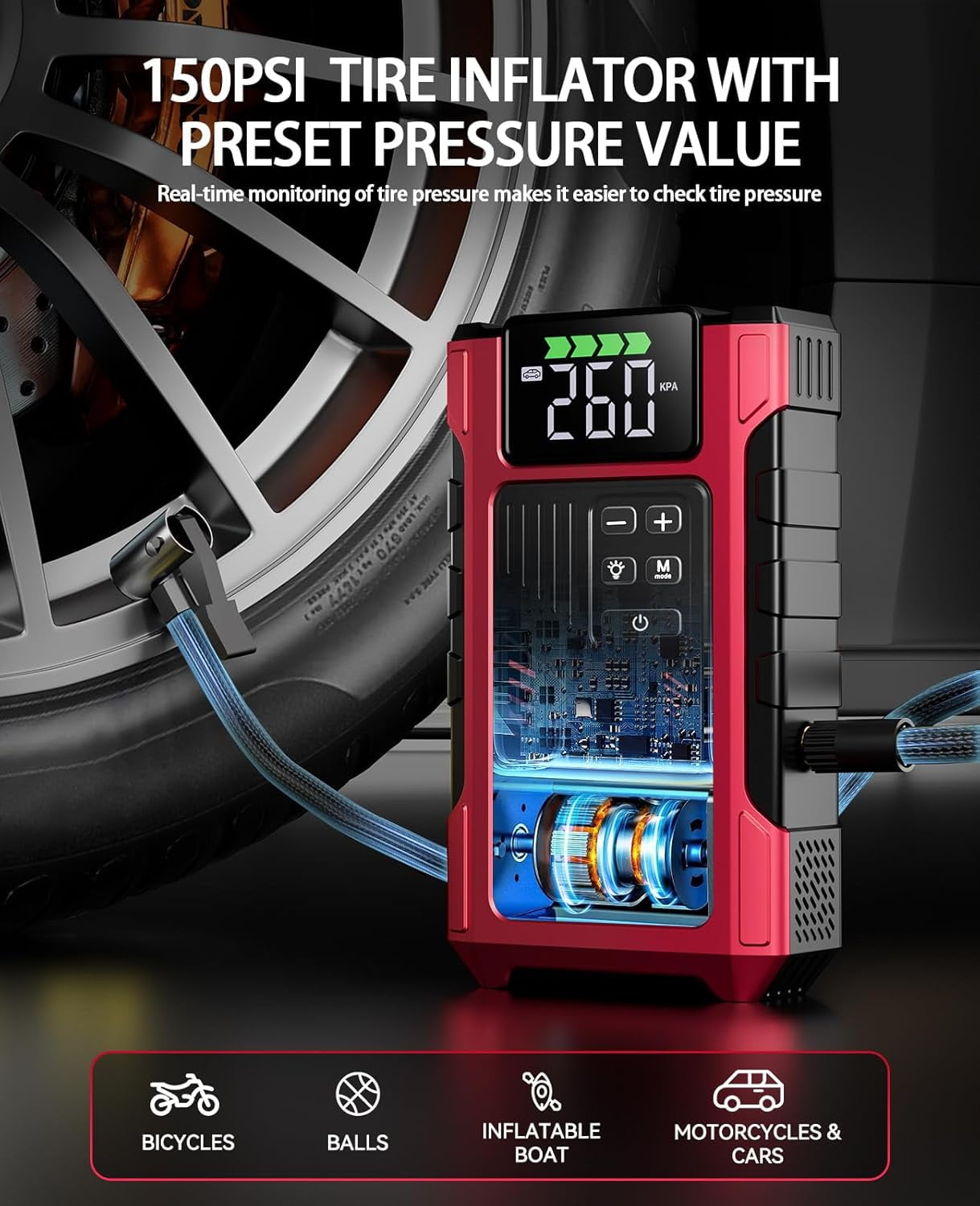 Pabulum 4500A Jump Starter with Air Compressor,12V Car Battery Booster & 150PSI Tire Inflator for 8.5L Gas/7.0L Diesel