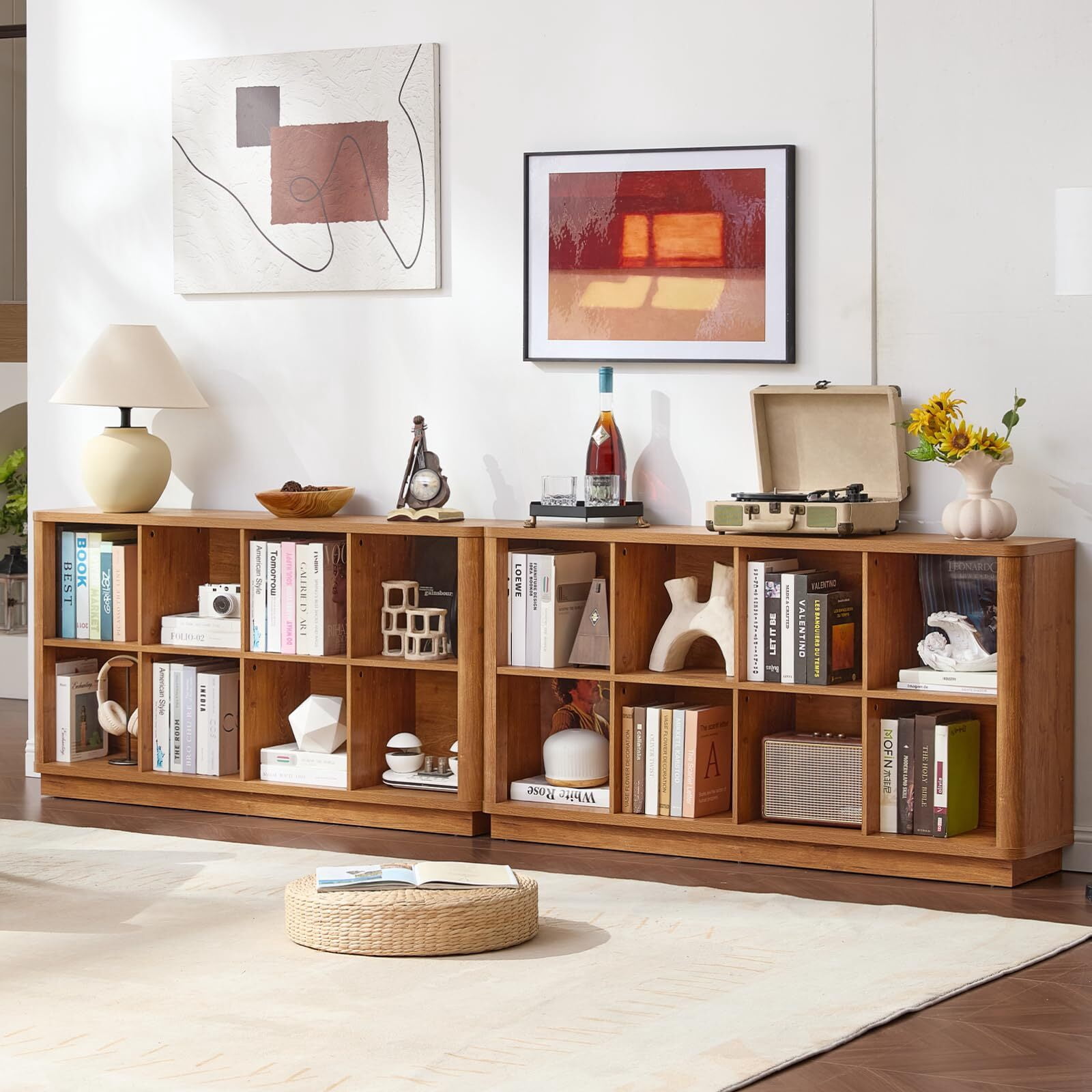 Buildhom 8-Cube 2-Tier Storage Bookcase, 52" Long Horizontal Bookshelf with Curved Edge for Living Room, Tea Color