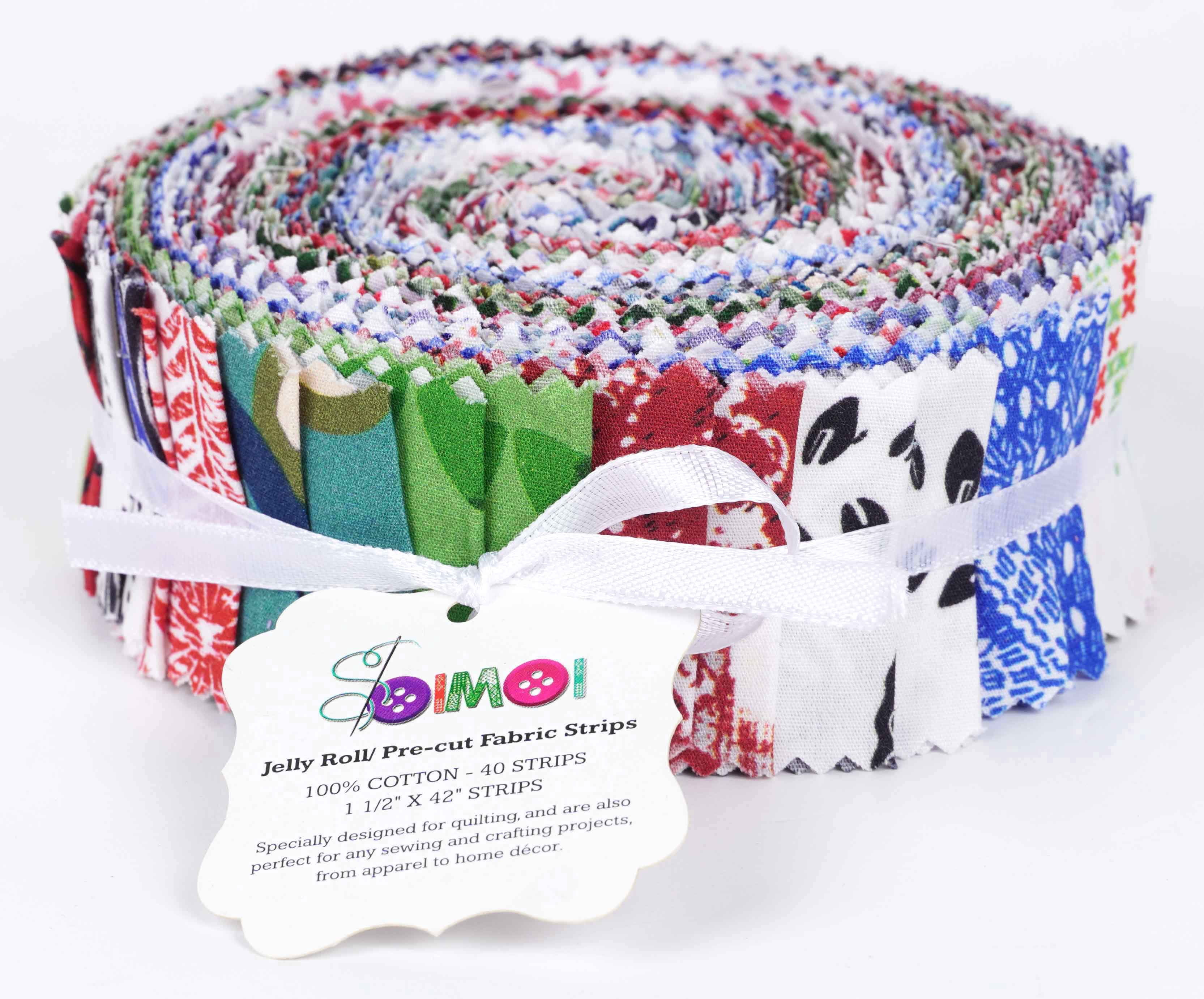 Soimoi 40Pcs Block Print Precut Fabrics Strips Roll Up 1.5x42inches Cotton Jelly Rolls For Quilting - Multicolor