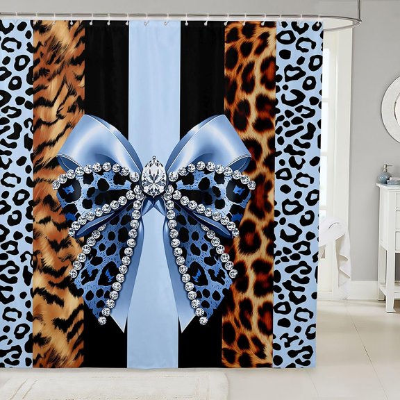 Blue Leopard Print Shower Curtain with Diamond Bow 71x71 inches
