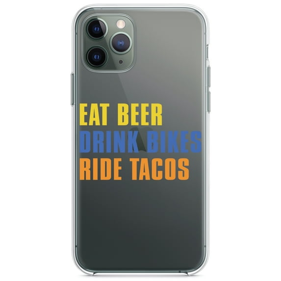 DistinctInk Clear Shockproof Hybrid Case for iPhone 11 (6.1" Screen) - TPU Bumper Acrylic Back Tempered Glass Screen Protector - Eat Beer Drink Bikes Ride Tacos