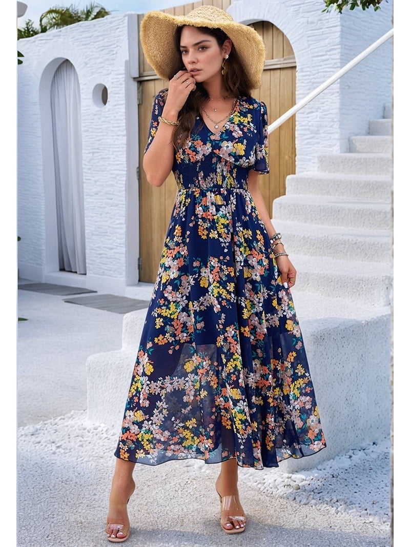 Dycnvjo Women'S Summer Wrap Maxi Dress Floral V Neck Short Sleeve Wedding  Guest Party Casual Dress Navy Blue S