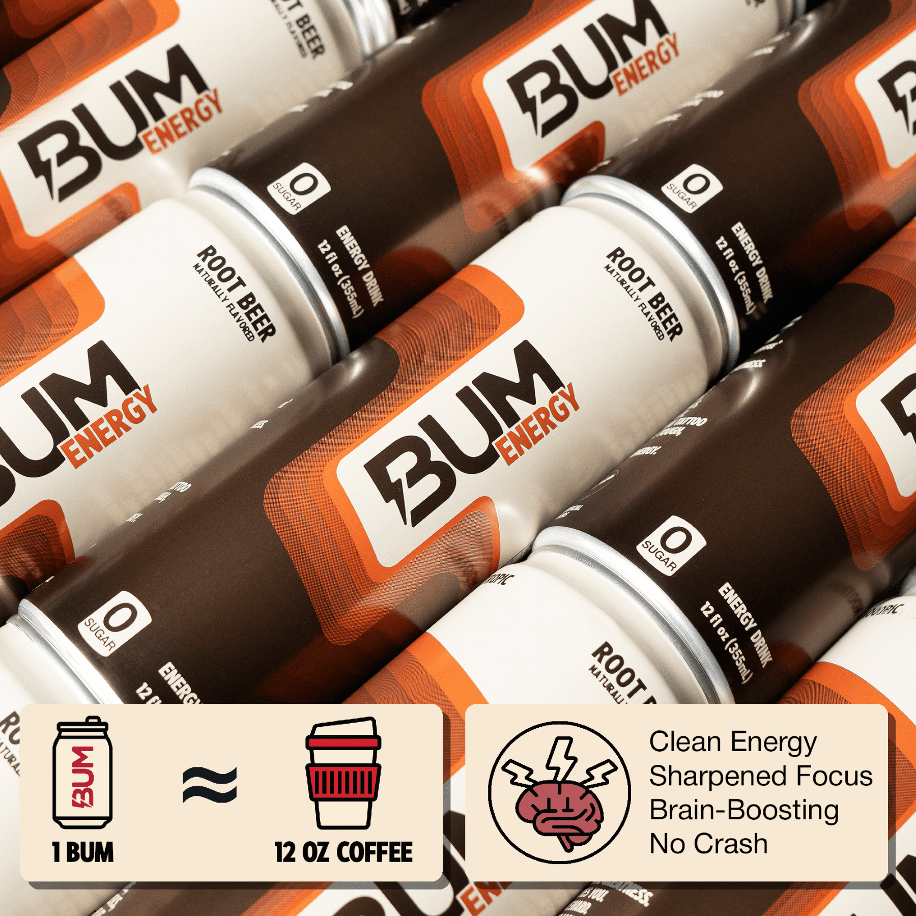 Bum Energy Root Beer Energy Drink, 112 mg Natural Caffeine, 12 fl oz, 12 Pack
