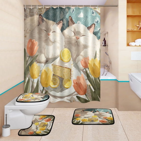 BZSMCE 4PCS Shower Curtain Set Bathroom Decorative Set-Cats with Cake Pattern