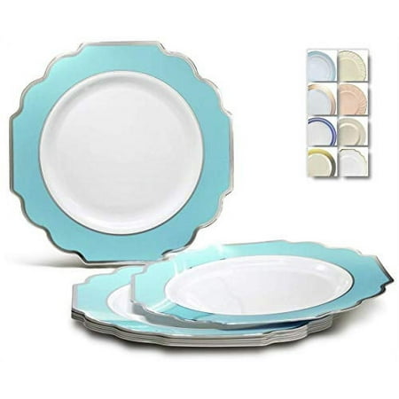 

40 Pack Heavyweight Disposable Wedding Party Plastic (10.5 Dinner Plate Turquoise Blue/Green & Silver)