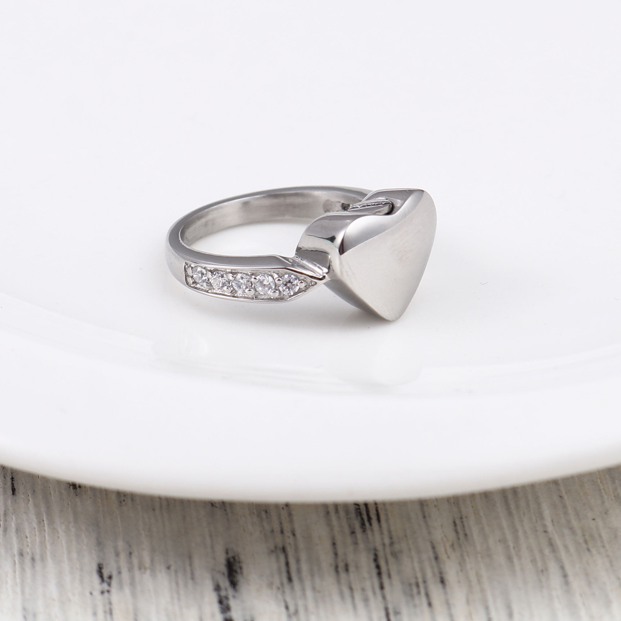 Heart Rhinestone Inlay Tiny Cremation Urn Ring Jewelry Stainless Steel Memorial Keepsake Ring Ashes Holder Waterproof Ash Ring Container with Free Funnel Kit and Velvet Jewelry Box - Size 6