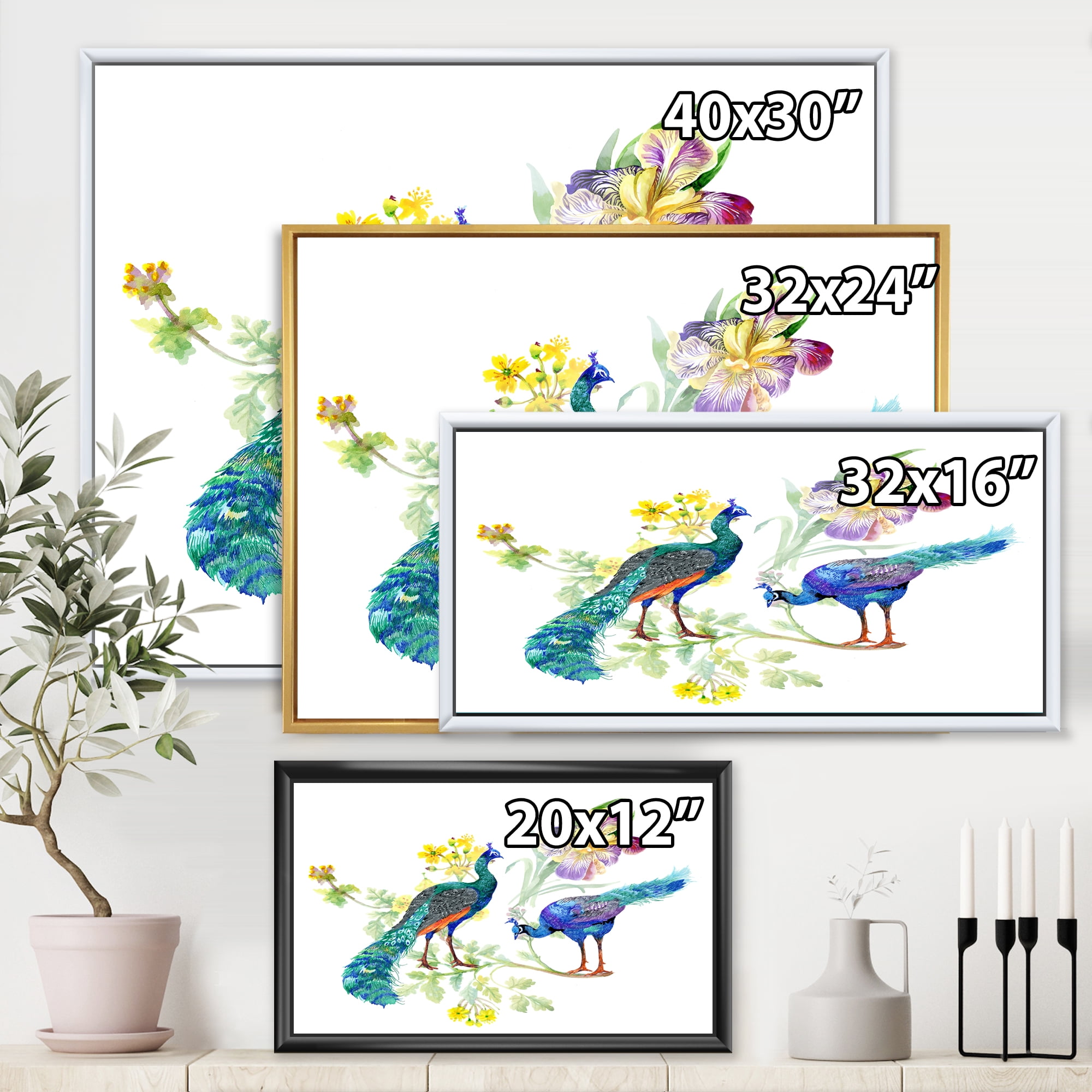 Designart 'Iris Flowers and Peacocks' Traditional Framed Canvas Wall Art Print