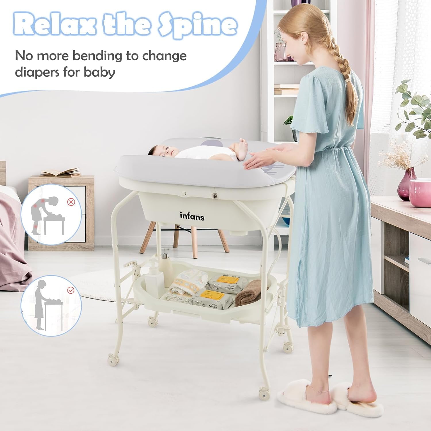 INFANS 2 in 1 Baby Changing Table with Bath Tub Unit, Folding Diaper Dresser Station with Wheels Waterproof Pad Storage Rack, Portable Nursery Organizer Stand for Newborn Infant (White)