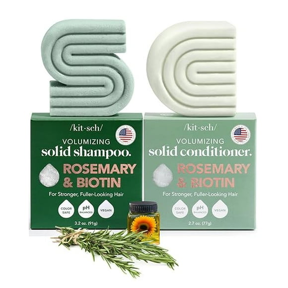 Kitsch Rosemary & Biotin Shampoo and Conditioner Bar Set for Thinning Hair - Volume Shampoo & Conditioner Bar for Men and Women, Hair Thickening & Regrowth Combo, Paraben Free, Made in USA - 2pcs