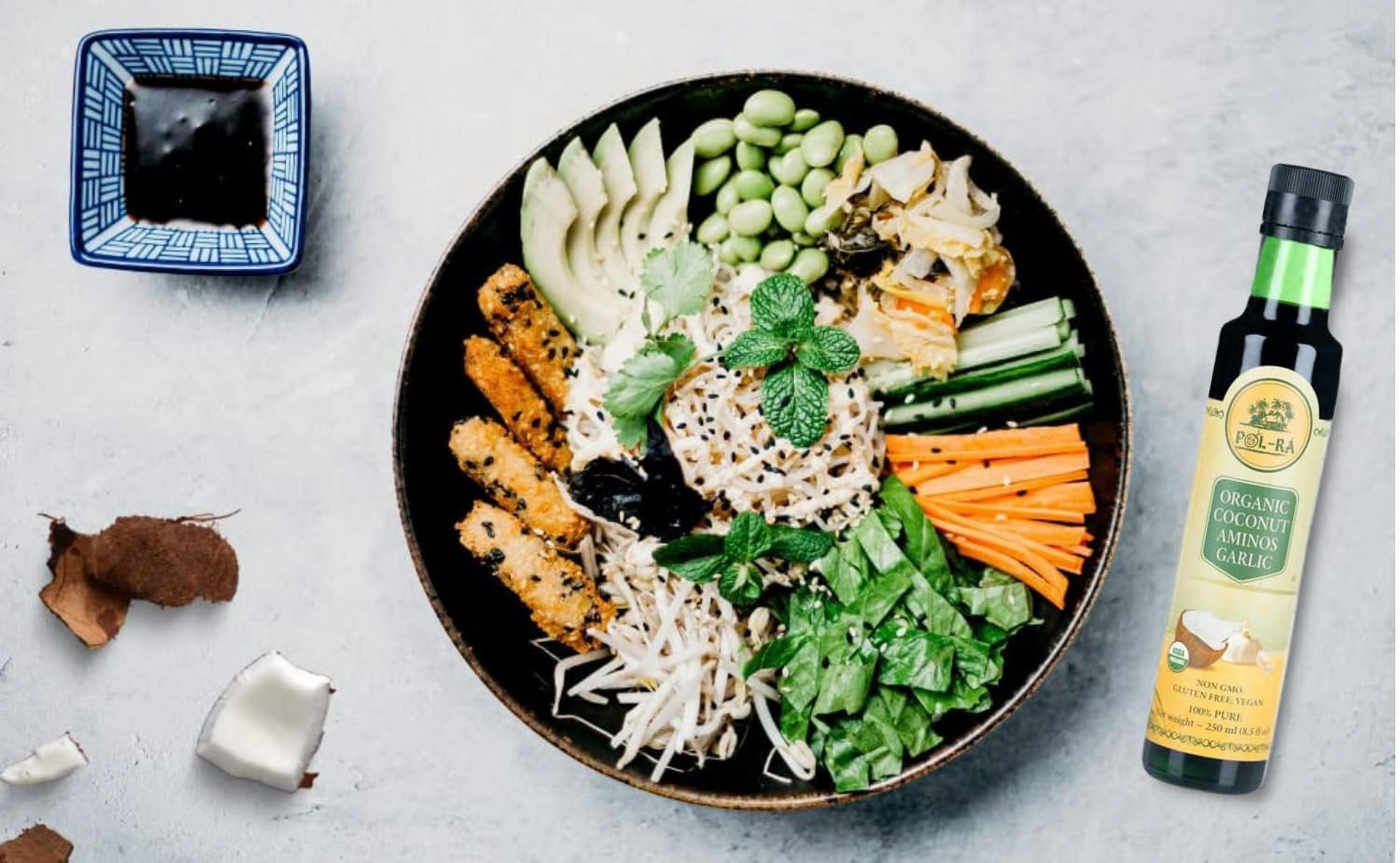 P L-RA Organic Coconut Aminos Garlic 8.5fl oz - Sweet & Sour Garlic Sauce, Tangy - Substitute for Soy Sauce - Low sodium -Vegan, Gluten-Free, Non-GMO, Kosher Marinade - Pack of 3 x 8.5fl oz
