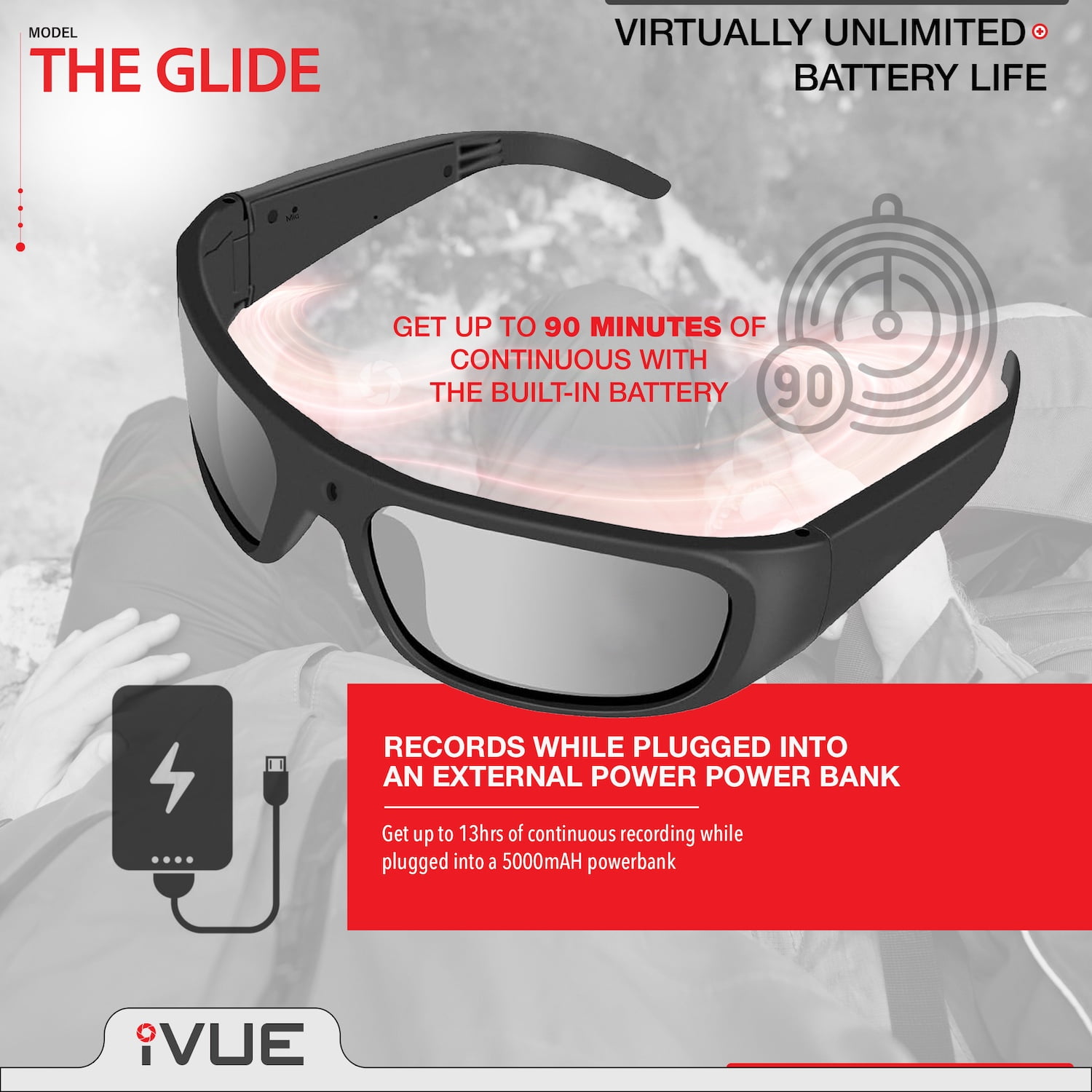 Glide 1080P HD Camera Glasses, Video Recording Sunglasses DVR Eyewear, 30fps, 64GB Memory