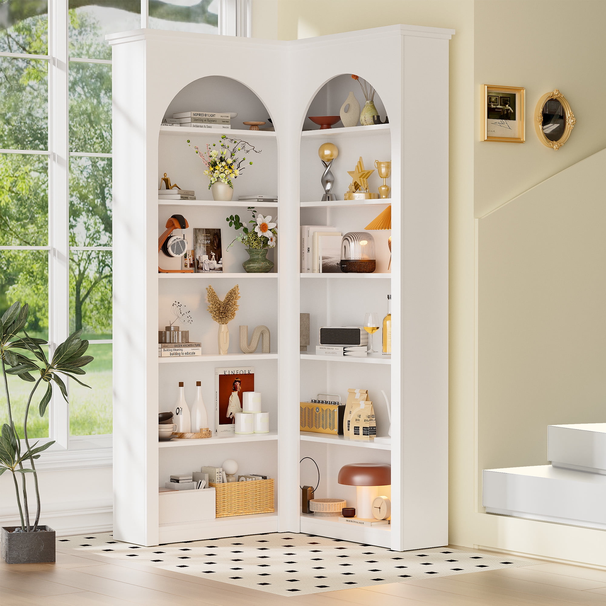 Modern 6 Tier Corner Bookcase, Arched Bookshelf Display Storage Cabinet, Home L-Shape Cabinet Living Room Furniture, White
