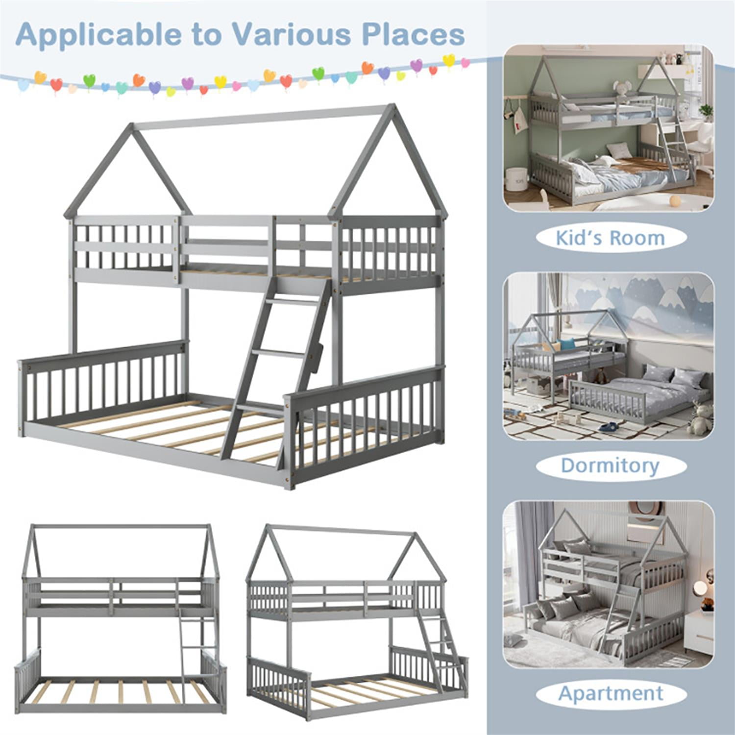 Demi Bonn Twin Over Full Bunk Bed with Ladder and Guardrails, House Twin Bunk Beds, Bed Frame, Gray