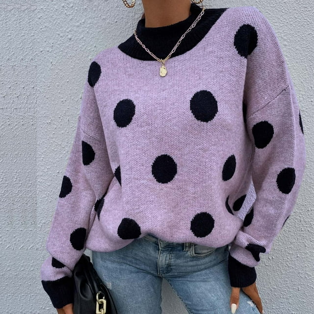 Chandail Tricoté à Pois Col Rond pour Femmes Mode Chandail Tricoté Haut Blouse