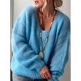 thumbnail image 6 of Women Soft Deep V Neck Drop Shoulder Lantern Long Sleeve Oversized Lazy Fit Solid Knit Sweater Blue S, 6 of 8