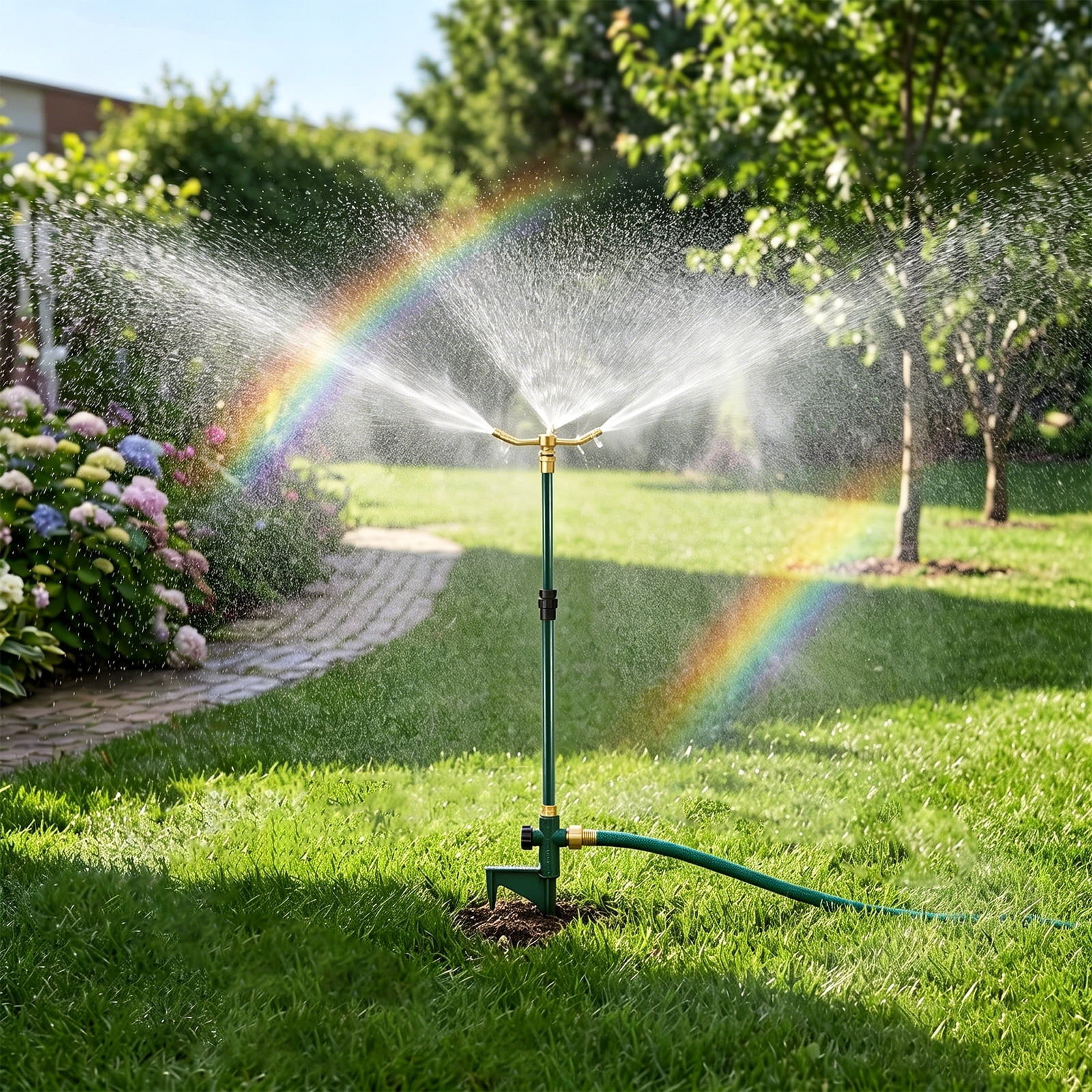 3 Arm Garden Sprinkler 360 Degree Rotation Water Sprinkler Aluminum Alloy Lawn Sprinkler with Adjustable Telescoping Rod and Spike Base Irrigation Tool for Large Area Yard Lawn Garden