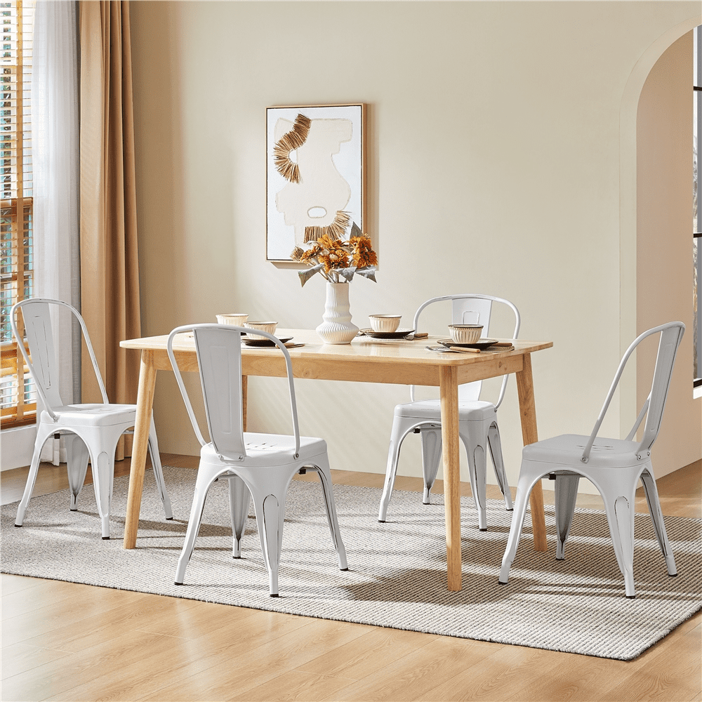 Alden Design Industrial Modern Metal Dining Chairs, Set of 4, Distressed White