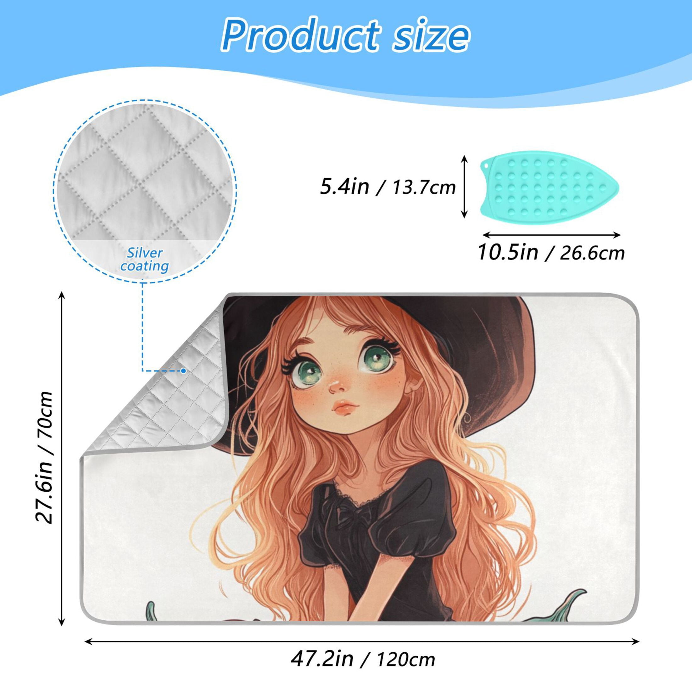 Cartoon Cute Witch Ironing Mat Blanket for Table Top Travel Portable Ironing Board Pad 47.2x27.6 Inch