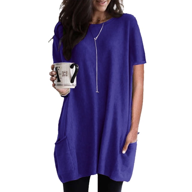 Camiseta larga holgada informal de manga corta con cuello redondo y bolsillos para mujer azul L