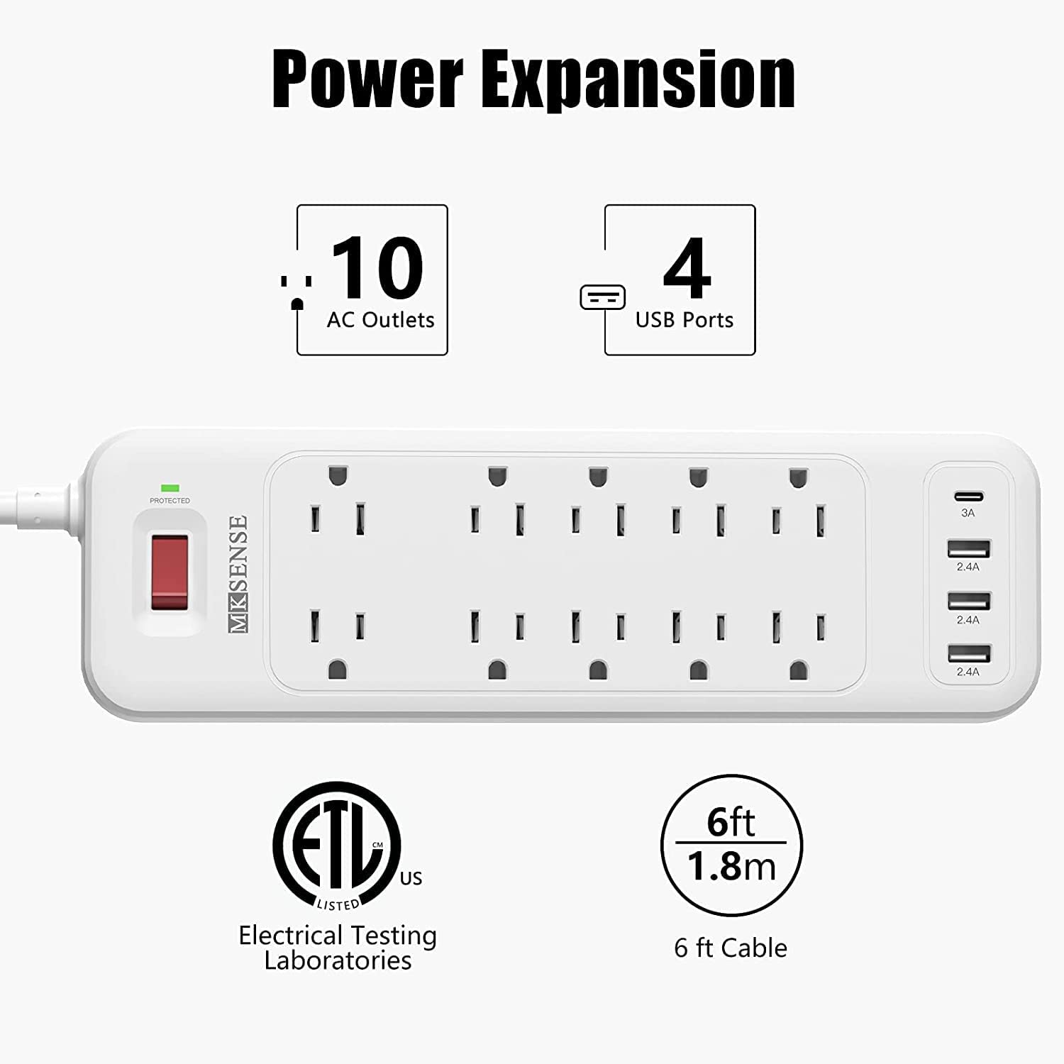 Power Strip, Surge Protector with 10 Outlets and 3 USB Ports (5V/2.4A) & 1 USB-C Port (5V/3A), 1875W/15A, 3600 Joules, Flat Plug, Spaced Outlets with 6ft Extension Cord for Home Office - White