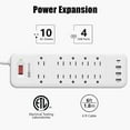 thumbnail image 6 of Power Strip, Surge Protector with 10 Outlets and 3 USB Ports (5V/2.4A) & 1 USB-C Port (5V/3A), 1875W/15A, 3600 Joules, Flat Plug, Spaced Outlets with 6ft Extension Cord for Home Office - White, 6 of 7