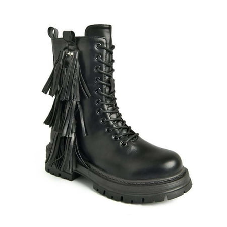 

Womens Fall Fashion 2022 Chunky Platform Combat Boots for Women Lacing Up Tassel Motrocycle Leather Boots with Side Zip