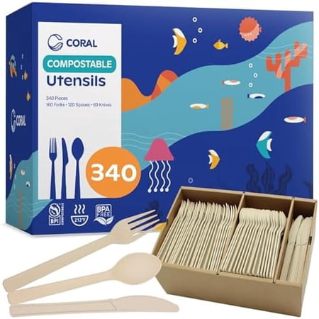 Light Brown 100% Compostable Silverware Set 340 Pieces - Heavy Duty 160 Forks, 120 Spoons, 60 Knives Bulk - Break Resistant with Smooth Edges, Ocean Friendly Alternative to Plastic Utensils