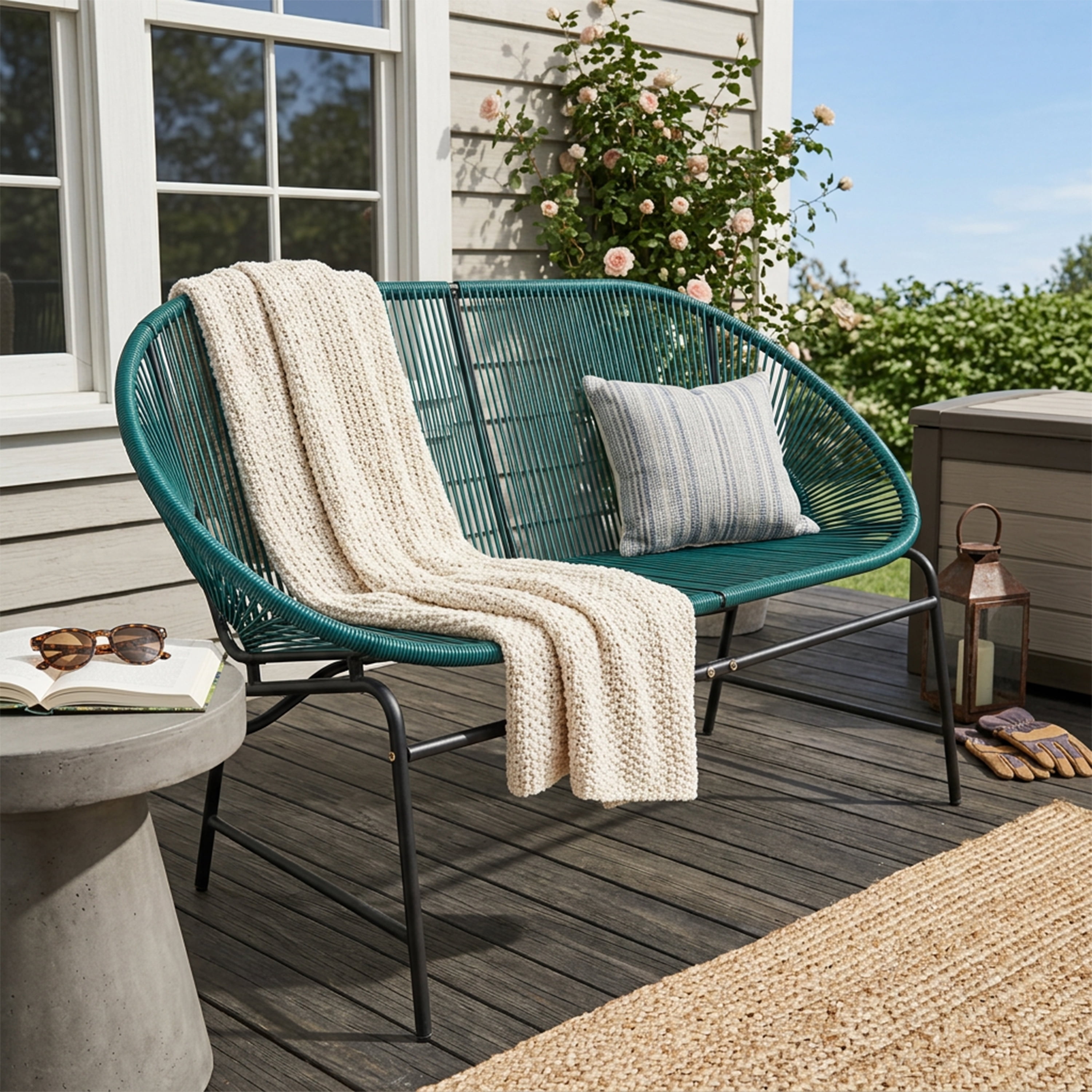 Outdoor PE Rattan Wicker Loveseat with Iron Frame for Porch Garden Balcony, Teal