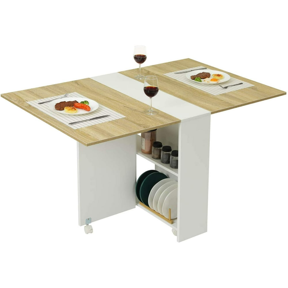 Folding Dining Table 2 Storage Racks, Drop Leaf Table with 6 Wheels