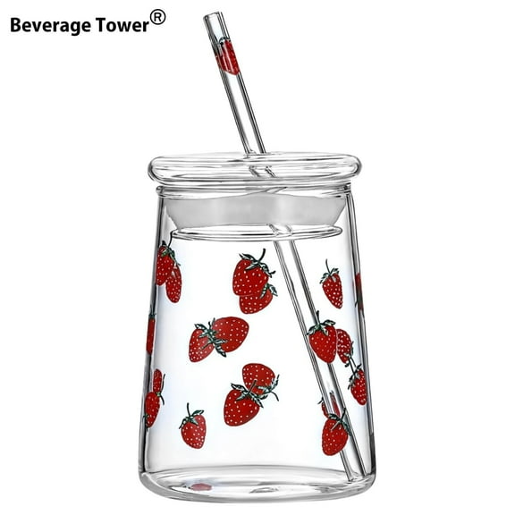 Glass Tumbler with Strawberry Pattern 16 oz, Cold Drink Cup with Lid and Straw, Heat Resistant Clear Juice Glass, Cute Fruit Design Drinking Cup for Summer Beverages