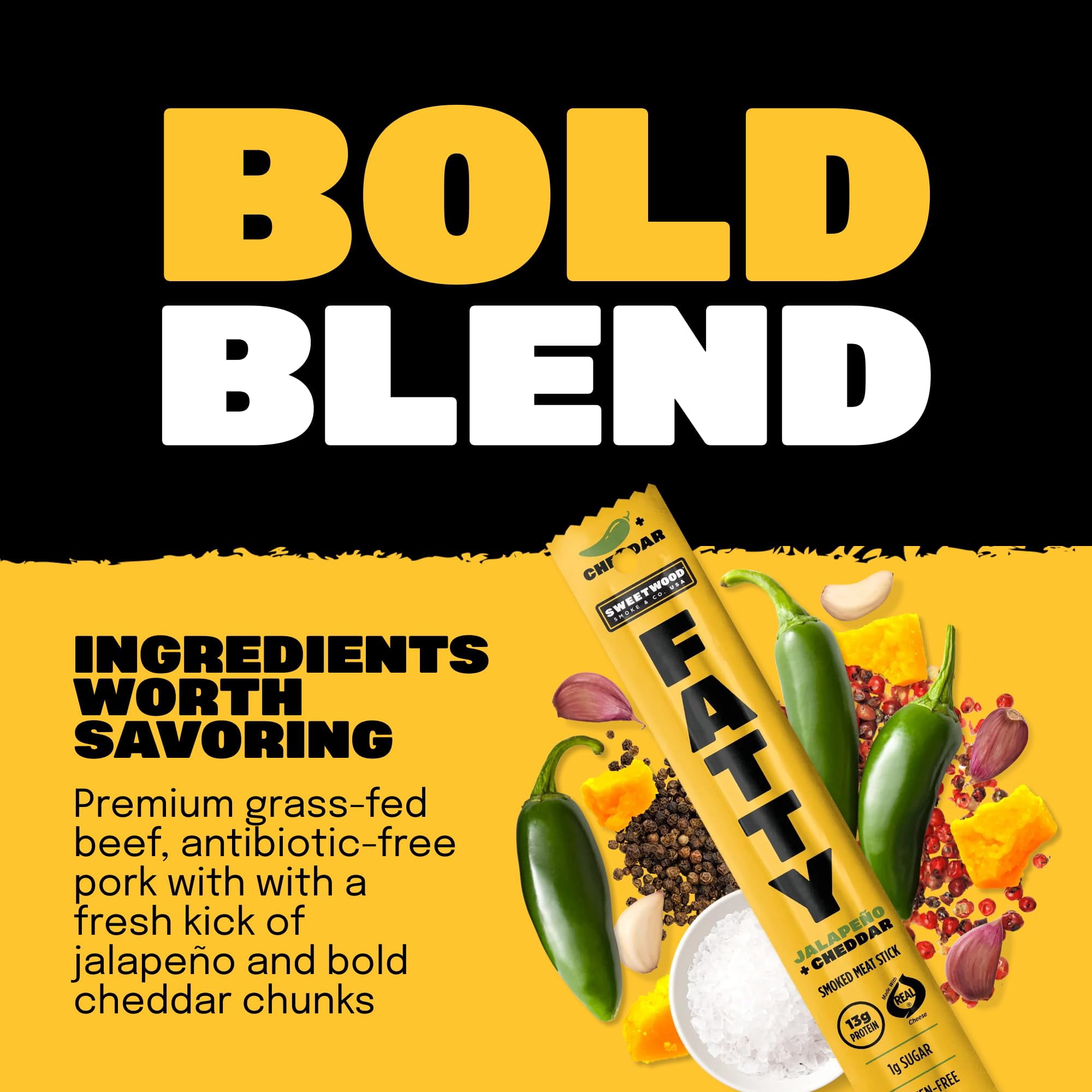 FATTY Meat Sticks, Grass-Fed Beef, High Protein Snack, Low Carb, Gluten Free, MSG Free, Nitrate Free, Jalapeno & Cheddar Flavor, 2 Ounce (Pack of 20)