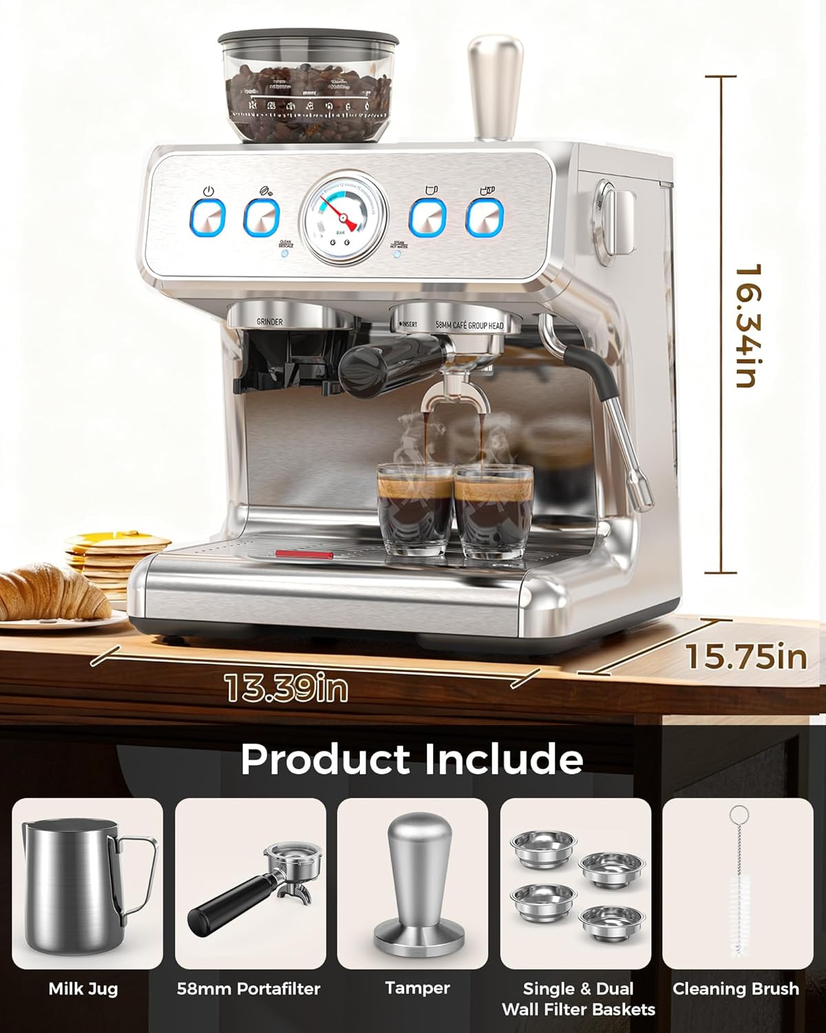 WAA 20 Bar Espresso Machine Semi-Auto with Grinder/Milk Frother,1450W Home Maker,95 Oz Tank (Stainless Steel)