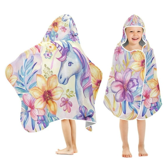 Unicorn in Flowers Kids Hooded Beach Towel Baby Bath Poncho Towels with Hood Absorbent 50"x23.5" for Pool Swimming
