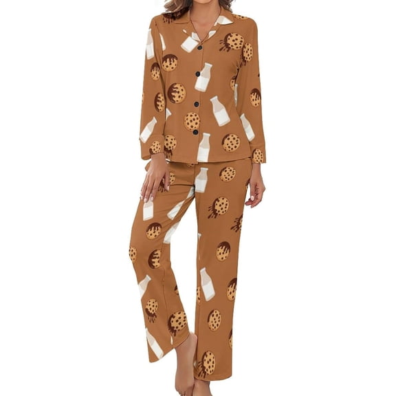 Top-kevin Pajama Sets for Womens Cookies Milk Chocolate Loose Button Down Long Sleeve Shirts And Pants Set
