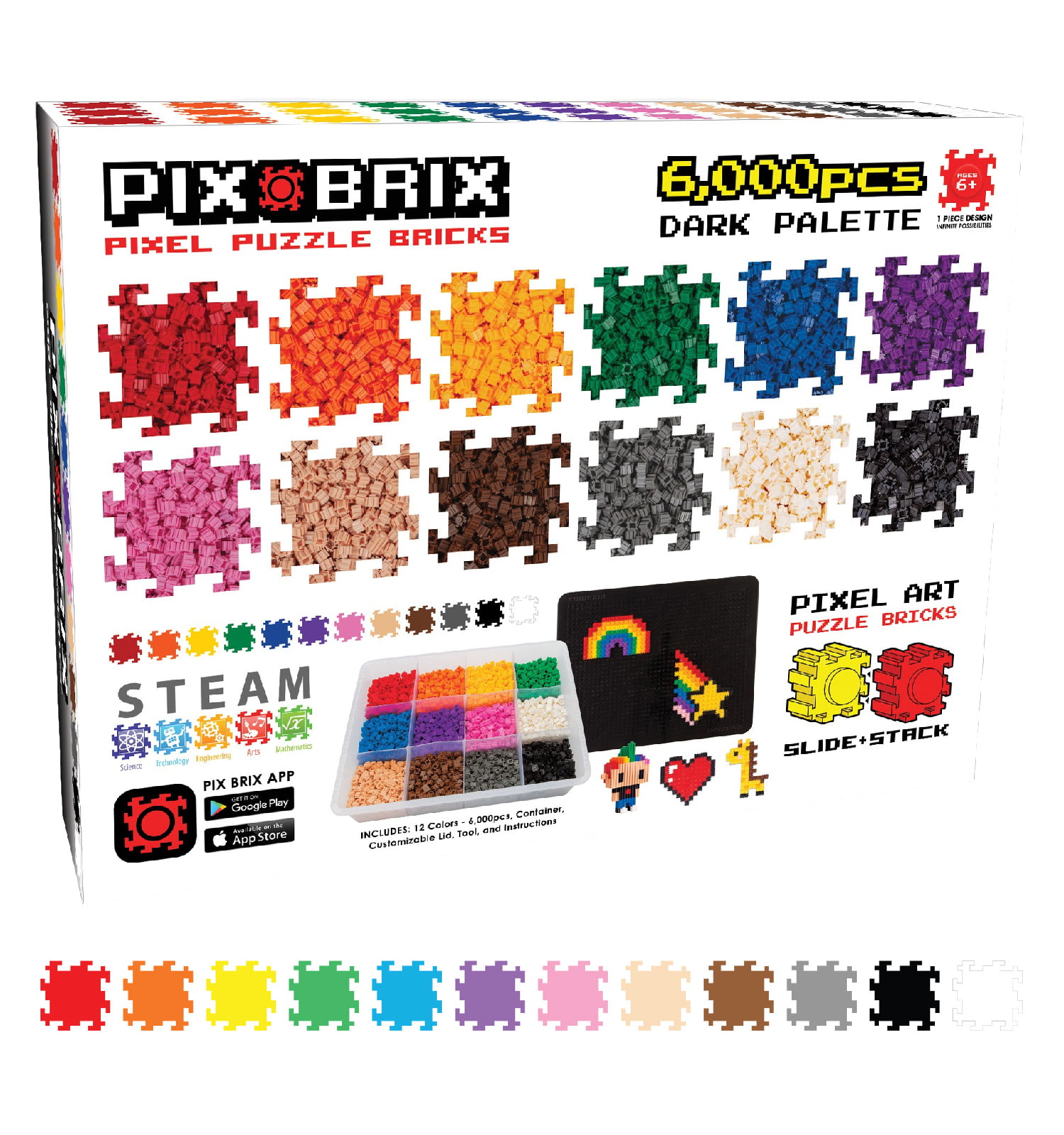 Pix Brix Pixel Art Puzzle Bricks – 6,000 Piece Pixel Art Container, 12  Color Dark Palette – Patented Interlocking Building Bricks, Create 2D and  3D 