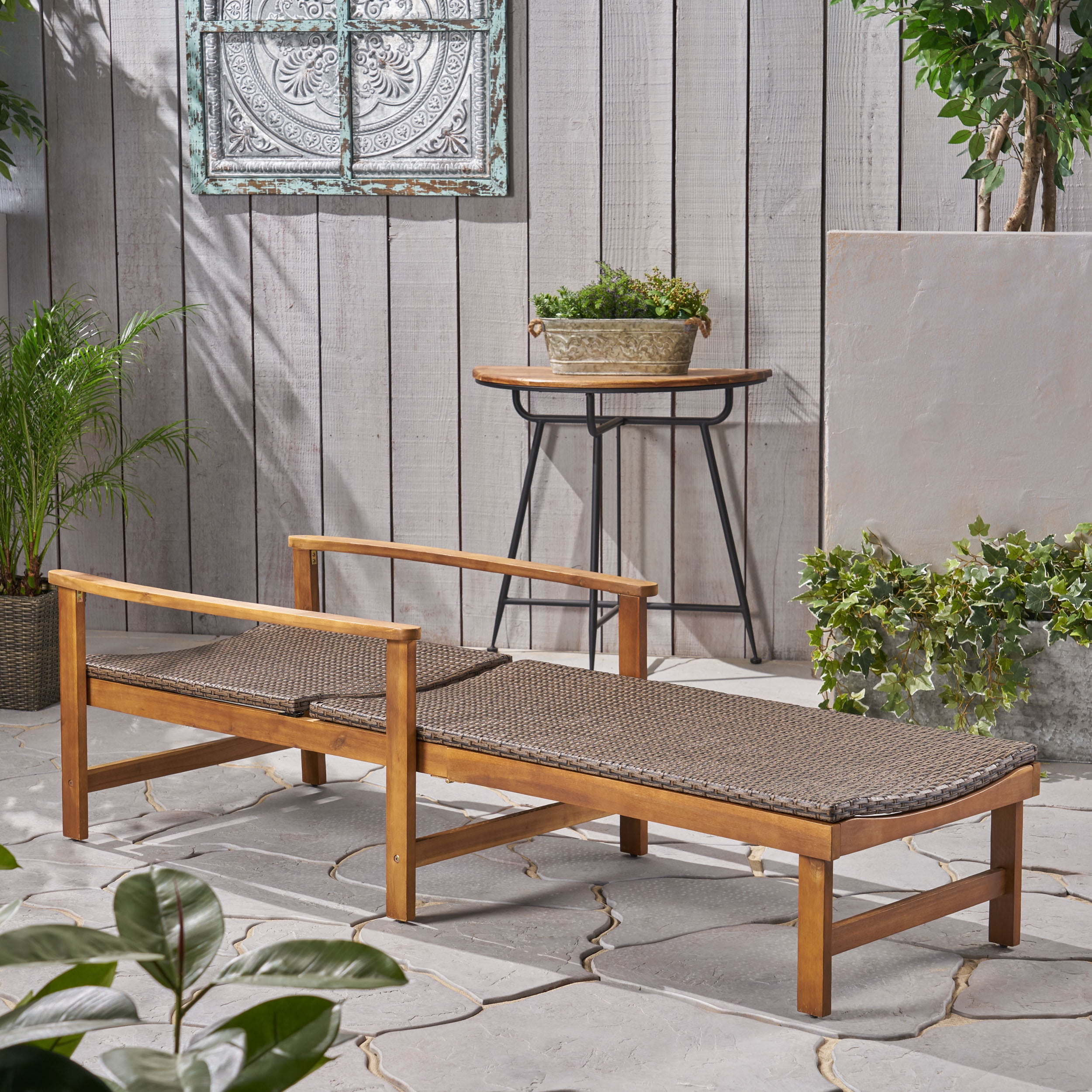 Camdyn Outdoor Rustic Acacia Wood Chaise Lounge with Wicker Seating, Natural and Gray