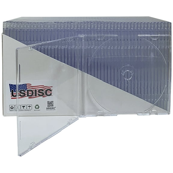 USDISC CD Jewel Cases Slimline 5.2mm, Single 1 Disc, Super Clear, Pack Of 25