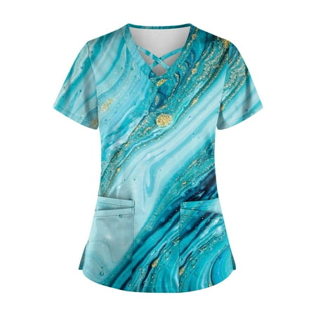 

Clearance Sale! Nurse Scrubs MIARHB Women s Fashion V Neck Cross Printing Uniform with Pocket T-Shirt Short Sleeve Top Blue XXXXL