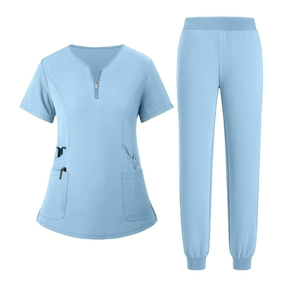 HAJWOH Scrubs Sets for Women Stretchy Nurse Uniform Short Sleeve V Neck Scrub & Jogger Pant Solid Color Medical Scrub Sets with Multi Pocket Sky Blue M