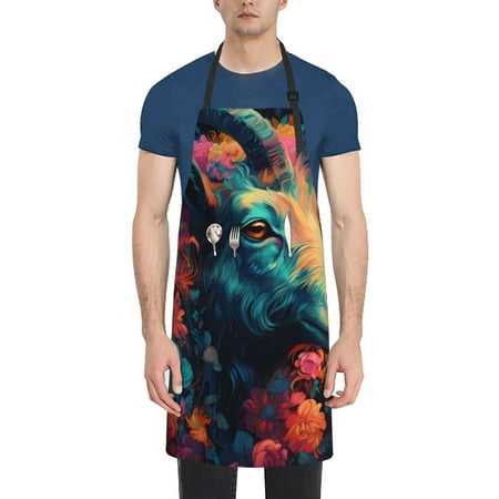 

Qekee Colorful Flower Goat Print Waterproof Apron with Pockets Adjustable Cooking Aprons Kitchen Bib for Baking Household Cleaning