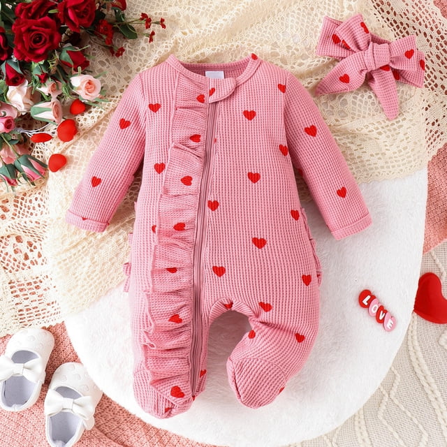 COM1950s Heart To Heart, 3-6 Months Heart Print Zippered Long-Sleeved Romper