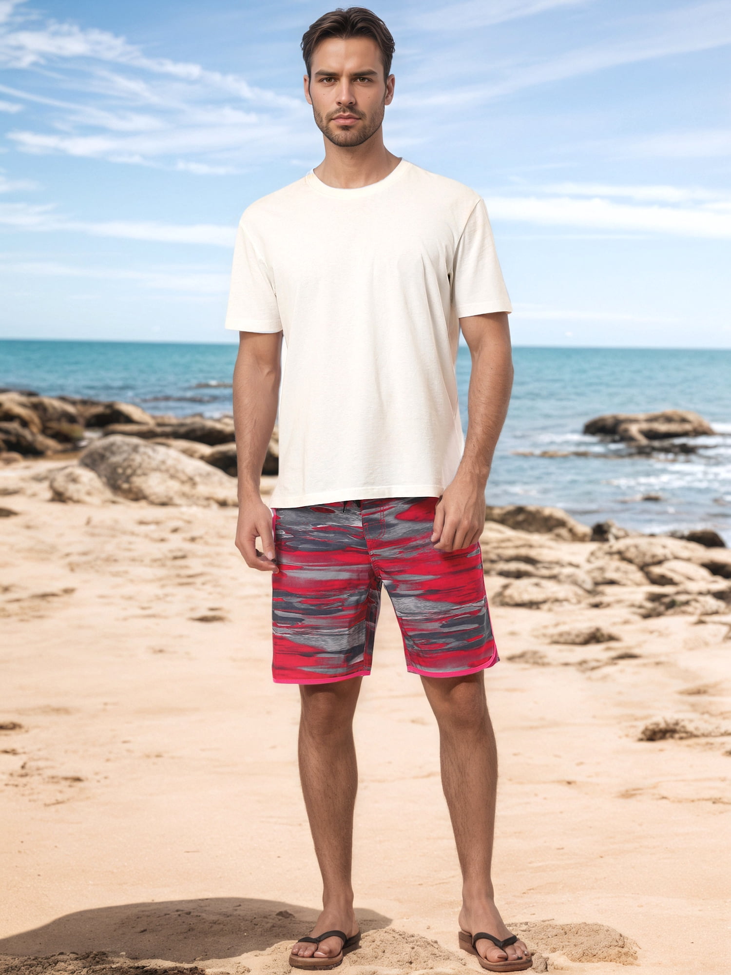 DARING DIVA Men's Summer Drawstring Elastic Waist Color Block Beach Shorts 30 Dark Red