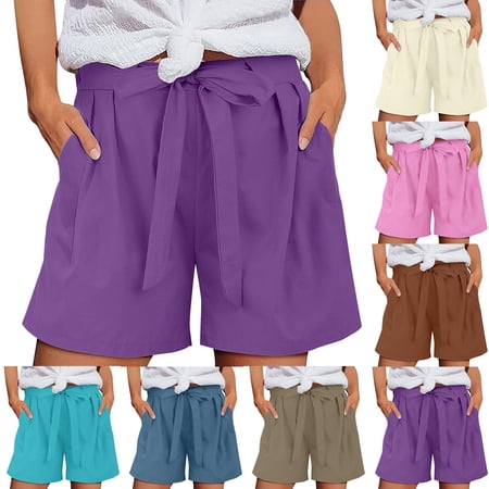 HVOBTTY Summer Women s Plus Size Casual Elastic Waist Solid Color Linen Like Drawstring Shorts with Pockets Sky Blue XXXXL