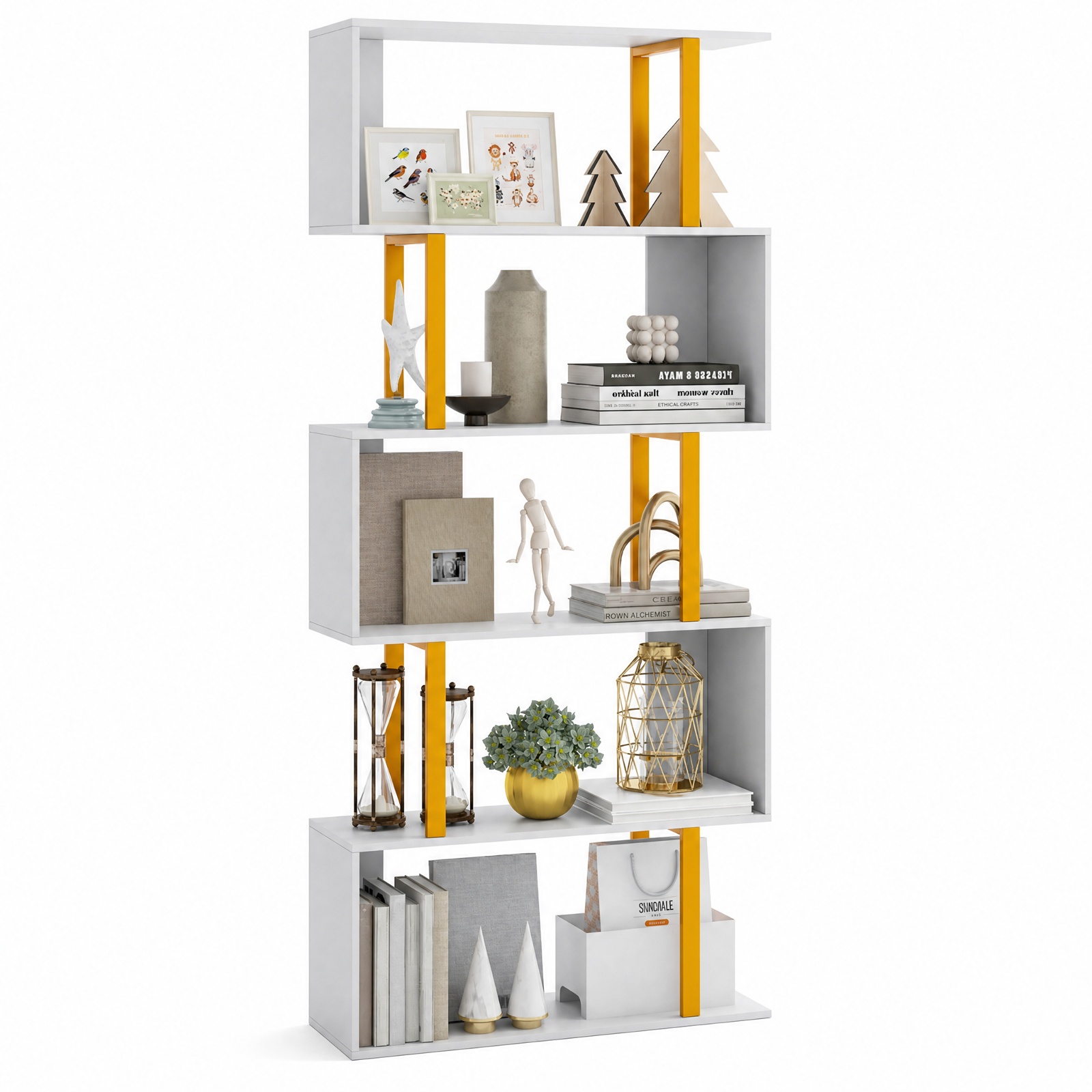 Furnibear 5-Tier/6-Tier Geometric Bookcase with Metal Frame and Anti-tipping Kits-5 Tier for Living Room Home Office Bedroom Display Storage, White