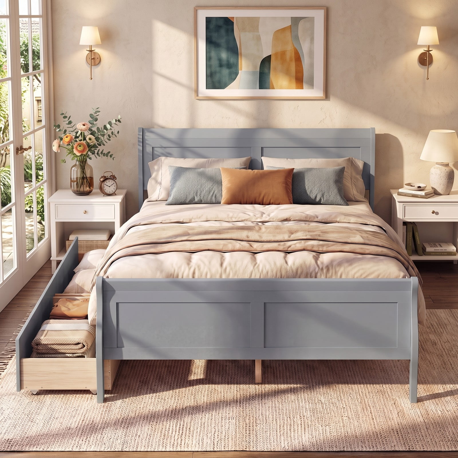 Furnibear Full Size Bed Frame with Storage, Wood Platform Bed with 2 Storage Drawers, Panel Headboard and Footboard, Gray